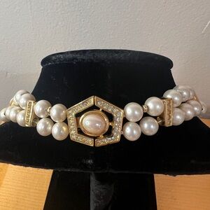Vintage Christian Dior Gold Plated Double Pearl Strand Crystal Necklace/ Choker